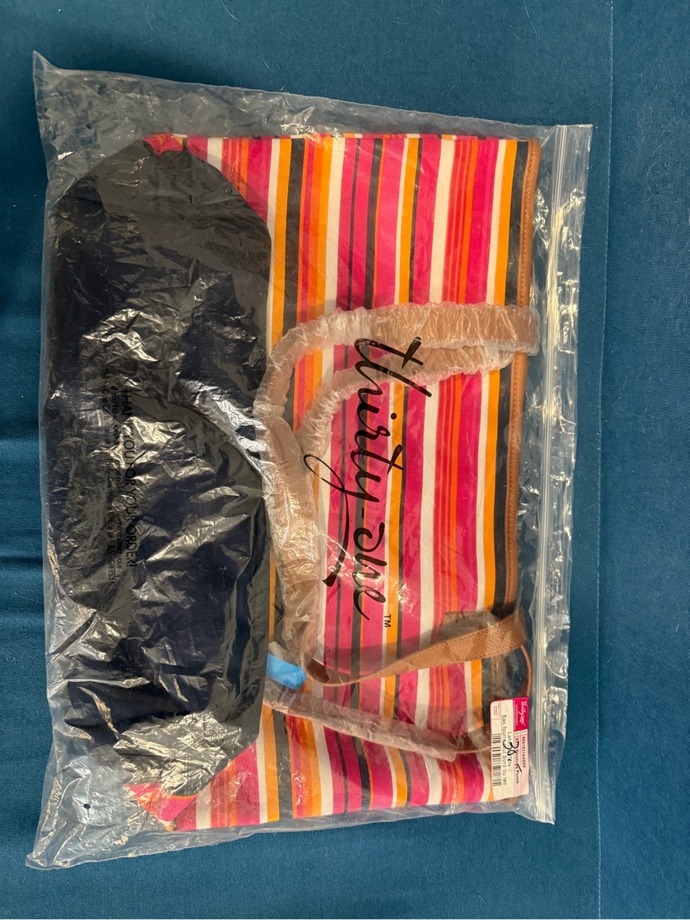 thirty-one Pink Orange Yellow Striped Tote with Tan Handles